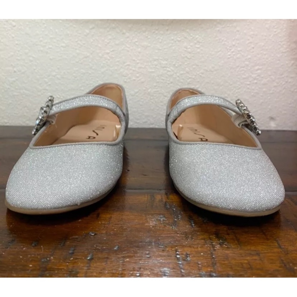 Unisa Womens Flat Shoes Silver Glitter, Strap With Rhinestone Buckle Size 6